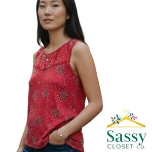 LOFT Vintage Soft Red Floral Sleeveless Top 100% Cotton Size M EUC